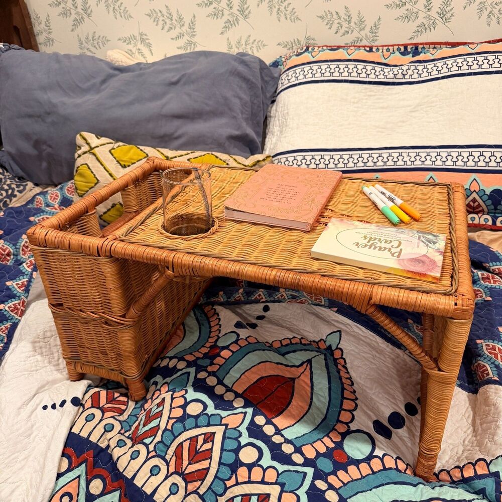 VTG 70s Rattan Bed Tray Lap Desk Boho Wicker Breakfast Magazine Cup Holder MCM